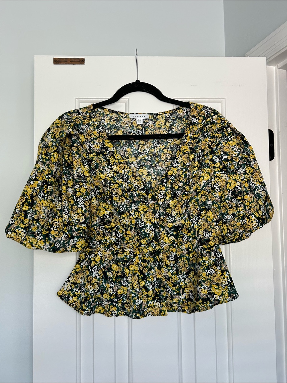 TopShop Floral Puff Sleeve V-Neck Top in Yellow and Green